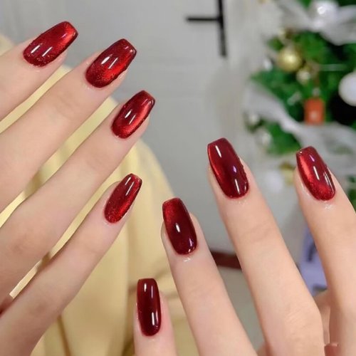 Red Press on Nails Medium Square Fake Nails Wine Red Cat Eye False Nails Shiny Glitter Glue on Nails Full Cover Coffin Acrylic Nails Handmade Nails Press Ons Reusable Nails for Women Manicure 24Pcs