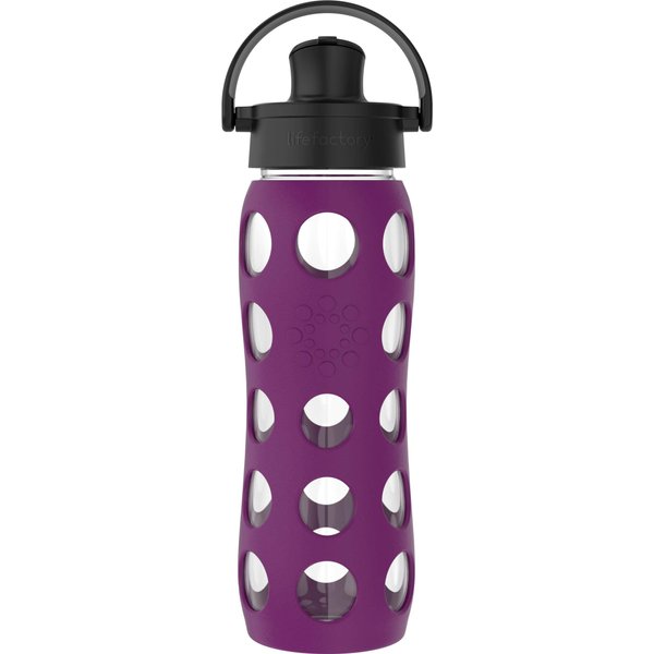 Lifefactory 22-Ounce Glass Water Bottle with Active Flip Cap and Protective Silicone Sleeve, Plum
