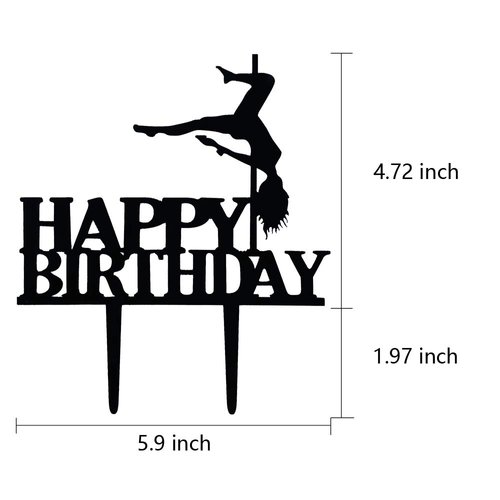 Black Acrylic Pole Dancer Happy Birthday Cake Topper, Birthday Party Cake Decoration, Sports Theme Cake Topper (Pole Dancer)