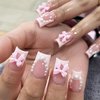 Pink French Tip Press on Nails Short Medium Square Fake Nails Thick Full Cover Glue on Nails Cute Pearl Bow Designs Natural Fit False Nails Stick on Nails for Women Girls Acrylic Manicure Salon 24Pcs