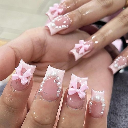 Pink French Tip Press on Nails Short Medium Square Fake Nails Thick Full Cover Glue on Nails Cute Pearl Bow Designs Natural Fit False Nails Stick on Nails for Women Girls Acrylic Manicure Salon 24Pcs