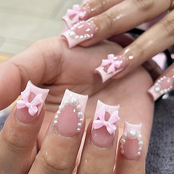 Pink French Tip Press on Nails Short Medium Square Fake Nails Thick Full Cover Glue on Nails Cute Pearl Bow Designs Natural Fit False Nails Stick on Nails for Women Girls Acrylic Manicure Salon 24Pcs
