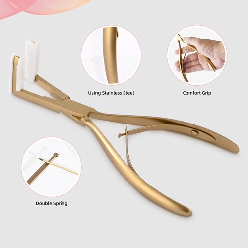 NEWISHTOOL Tape in Hair Extension Tools Kit, Stainless Steel Hair Sealing Pliers Fine Tail Comb Hair Clips & Hair Pads for Human Hair Extension Tape Sealing, Gold Flat Surface Taping Clamp Plier