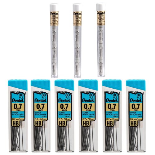 Pentel Eraser and Lead Refill Pack for Mechanical Pencils - Super Hi-polymer Value Pack - 0.7mm 6 Pack of 30 Pieces – Pack of White Refills 3 Packs of 4 Erasers Each