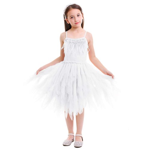Kids Girls Spaghetti Strap Lace Feather Fringes Tutu Tulle Swan Princess Dress Ruffles Backless Ballet Leotard Dance Skirted Pageant Party Wedding Formal Birthday Cake Short Tiered Gown White 12-18M