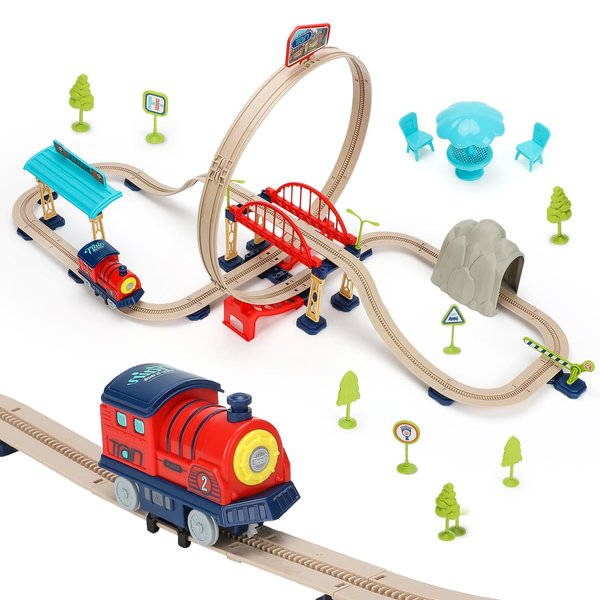 VGY Train Track Set for Kids and Toddlers, 77 PCS Electric Train Toy with Realistic Sound, Great Gift for Boys and Girls 3 4 5 6 7 Year Old