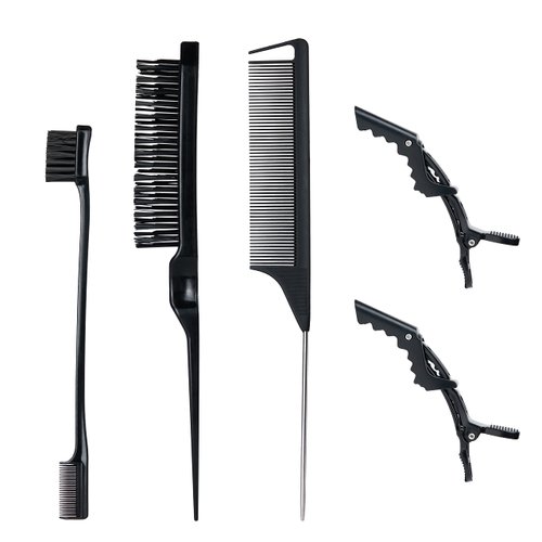 5 Pieces Hair Styling Comb Set Black - Edge Control Brush, 3 Row Teasing Brush, Rat Tail Comb, 3pcs Alligator Clip for Edge Back Brushing Slicking Combing - Women Girls Stylist Baby Beauty Accessories