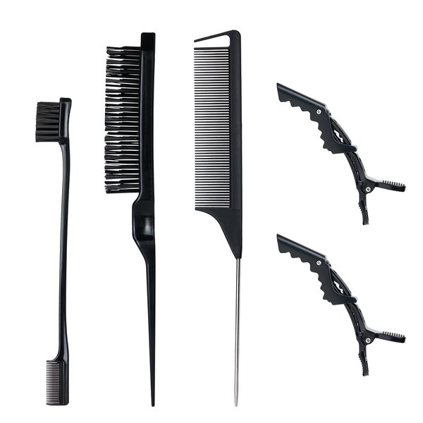 5 Pieces Hair Styling Comb Set Black - Edge Control Brush, 3 Row Teasing Brush, Rat Tail Comb, 3pcs Alligator Clip for Edge Back Brushing Slicking Combing - Women Girls Stylist Baby Beauty Accessories
