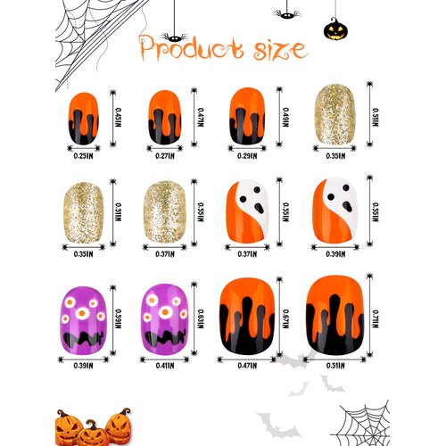 144PCS Halloween Short Press on Nails, False Nail Kids Full Cover Fake Nails Artificial Nail Tips Short False Fingernails for Girls Gift Nail Art Decoration