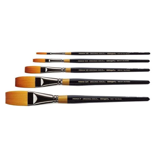 KINGART B-027 Premium 5 pc. Original Gold 9100 Series One Stroke Brush Set, Synthetic Golden Taklon for Acrylic, Oil, Watercolor Paint, Short Handle, 5 Brushes Sizes: 1/8", 1/4", 1/2", 3/4", 1"