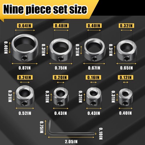 Depth Stop Drill Bit,Stop Collar Set Includes 1/8”, 3/16”, 1/4”, 5/16”, 3/8”, 7/16”, 1/2”, 5/8”and Allen Wrench(9Pcs), Premium High Carbon Steel Drill Bit Positioning Ring Split Ring- Tiosamd