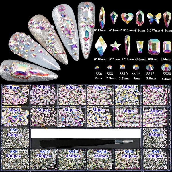 4880Pcs AB Nail Rhinestones Set, Round Beads Flatback Glass Gems Stones, Multi Shapes Rhinestones Nail Art 3D Crystals for Nail DIY Crafts Clothes Shoes Jewelry