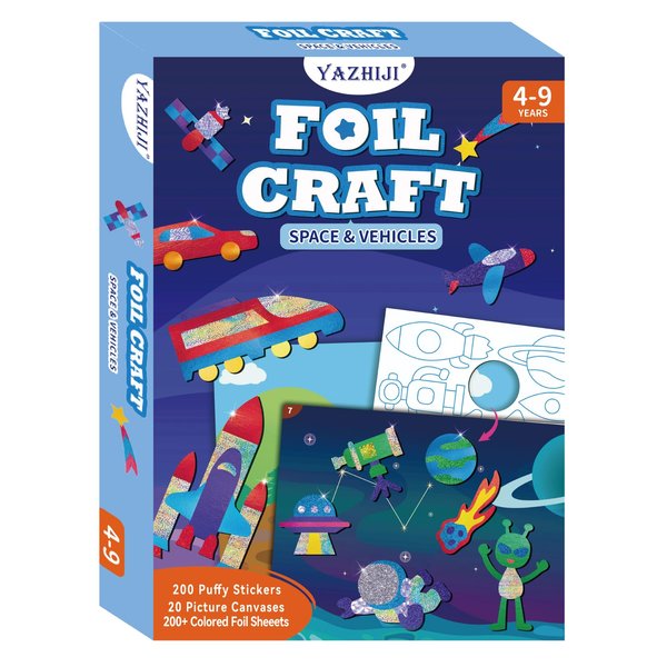 Yazhiji Foil Art Craft Kits for Kids Space Vehicies Mess -Free Fun Activity Set for Child, DIY Printing Craft Kits Activity, Gifts for Ages 4 5 6 7 8 9 10 Years Old Art Supplier Toys for Boys Girls