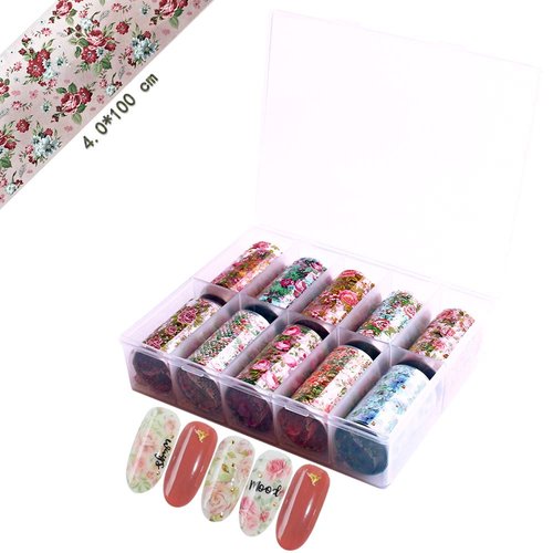 SILPECWEE 10 Rolls Starry Sky Nail Art Foil Sticker Colorful Flower Rose Nail Transfer Decals Manicure Accessories (1.57inches×39.4inches)