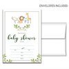 Set of 25 Safari animals baby shower invitations with envelopes. Boy or girl watercolor baby shower party invites featuring greenery, rhino, giraffe, elephant and lion. Simple and elegant theme
