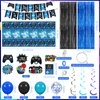 Blue Black Video Game Party Decorations Game Theme Happy Birthday Banner Hanging Swirls Balloons Garland Arch Foil Curtains Backdrops Tablecloth Kit for Kids Game Controller Birthday Supplies Decor