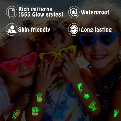 Partywind 555 Styles Glow Hawaiian Decorations for Kids Party Supplies, 56 Sheet Hawaiian Luau Temporary Tattoos with Pineapples/Flamingo/Hibiscus Flowers, Summer Beach Pool Party Decor