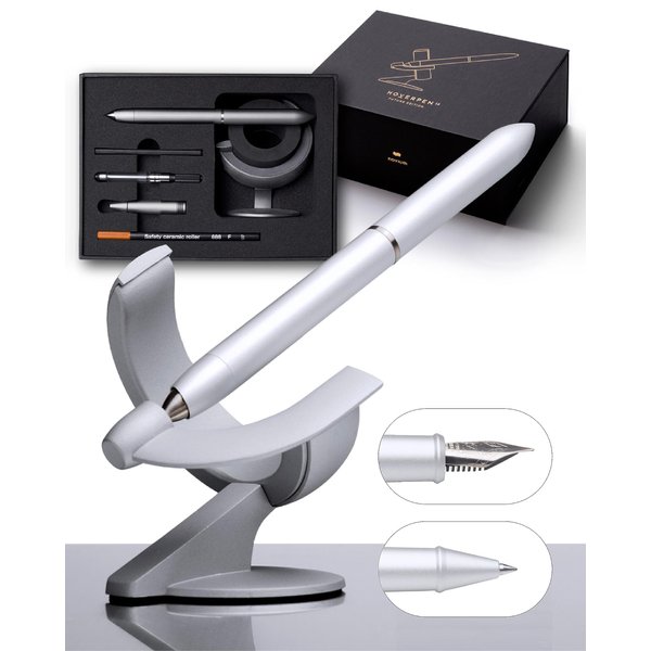 novium Hoverpen Future Edition - Fountain Pen & Rollerball Pen All-In Gift Box, Fine Nib, Futuristic Aesthetic, Metal Made Luxury Pen, Free Spinning Executive Pen, Mens Gifts Ideas (Frost Silver)