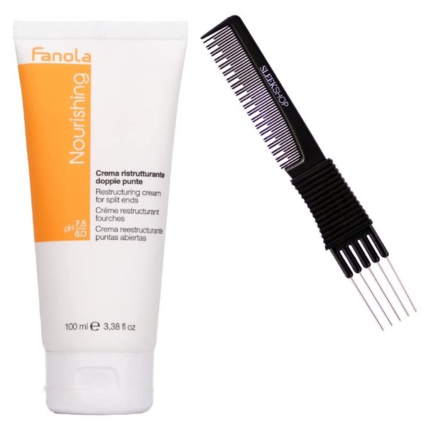 Sleekshop Comb + FanoIa NOURISHING Restructuring Cream for SPLIT ENDS on Hair (w/SLEEKSHOP Premium Carbon Teasing Comb) (3.38 oz (PACK OF 1))