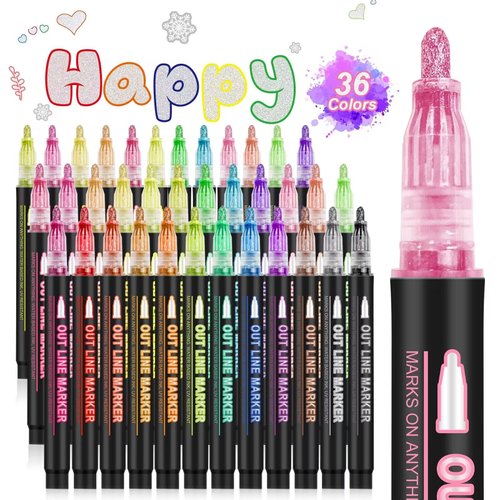 Double Line Outline Markers, 36 Colors Shimmer Markers, Self-Outline Metallic Markers, Super Squiggles Shimmer Outline Marker Set for Kid Drawing,Birthday Greeting Card,Doodling,DIY Art Crafts