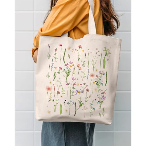 AUSVKAI Canvas Tote Bag Aesthetic for Women, Cute Trendy Wildflowers Reusable Cloth Cotton Bags with Handle for Grocery School Shopping Beach