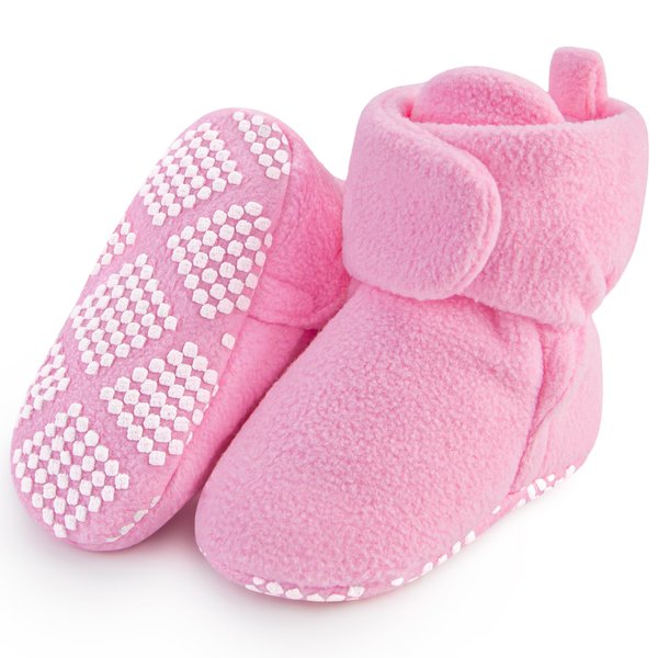 Pro Goleem Fleece Baby Booties, Warm Cozy Baby Slippers, Stay On Sock Shoes, Easy to Put on, Unisex Baby Gifts, Soft Non-Slip Adjustable Newborn Boots for Boys and Girls 12-18 Months, Pink