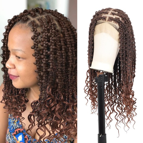 Olymei 360° HD Full Lace Braided Wigs for Women Knotless Butterfly Box Braids Wigs with Boho Curly Ends Braided Lace Front Wigs with Baby Hair Human Hair Blended Short Braided Wig 24" Brown