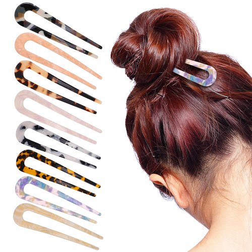 Beaupretty 8 Pieces French Hair Pins Vintage Hair Forks Cellulose Acetate Tortoise Shell U Shaped Hair Pins Updo Hair Sticks Hair Bun Clips for Thin Thick Hair