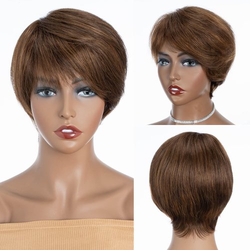 QUEEN VIRGIN REMY Pixie Cut Wig Human Hair Wigs with Bangs Short Wigs for Black Women Human Hair Different Style Pixie Wig for Daily Wear Ombre Highlight Brown Color