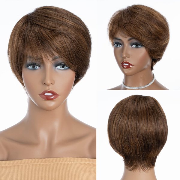 QUEEN VIRGIN REMY Pixie Cut Wig Human Hair Wigs with Bangs Short Wigs for Black Women Human Hair Different Style Pixie Wig for Daily Wear Ombre Highlight Brown Color