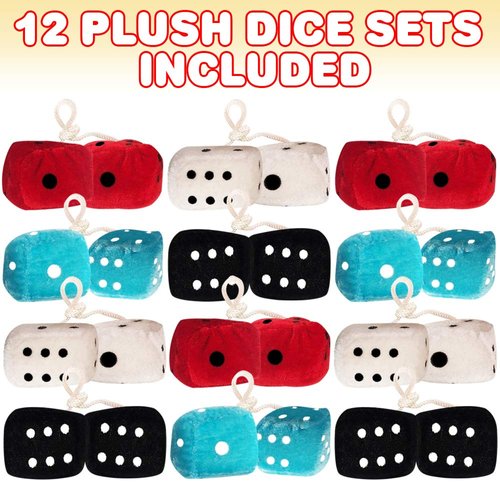 ArtCreativity Plush Dice for Kids and Adults, 12 Dice Pairs, Fun Casino Party Favors, 1.5 Inch Fuzzy Dice in Assorted Colors, Vegas Party Supplies, Cool Goodie Bag Fillers for Boys and Girls