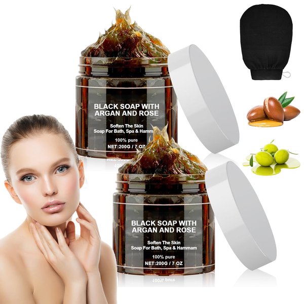 Morocco Black Beldi Soap, Black Soap With Argan and Rose, Zawina Moroccan Black Soap with Glove, Zawina Morocco Body Scrub (2pcs)