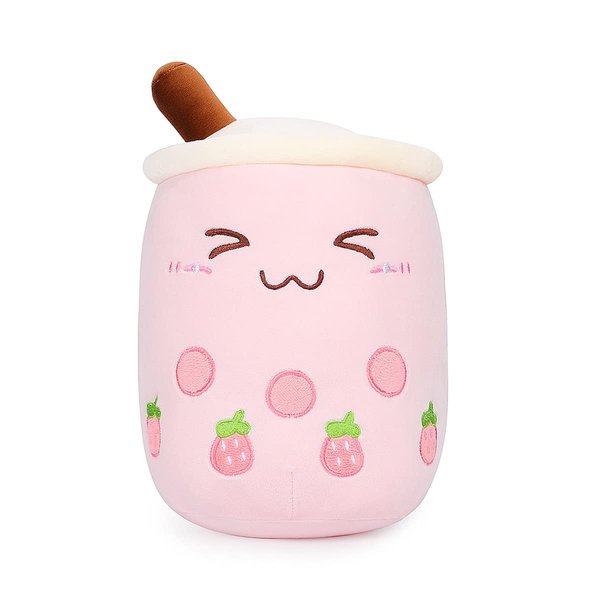 AIXINI Strawberry Boba Plush 13.7 inch Pink Stuffed Bubble Tea Plushie Milk Tea Cup Pillow Big, Soft Kawaii for Kids