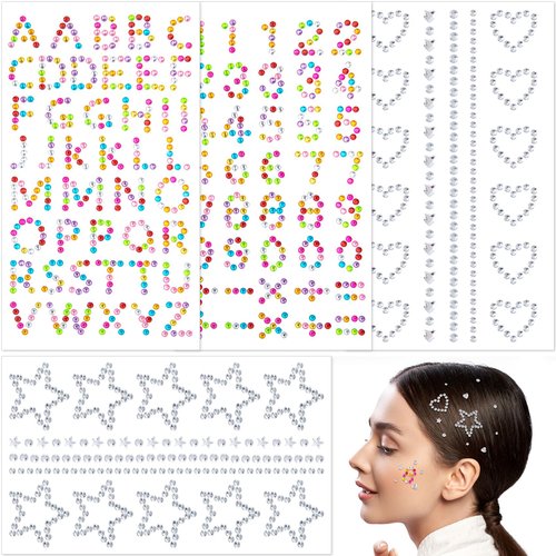 OIIKI 4 Sheets Star Hair Face Jewels, Acrylic White Star Heart Rhinestones Stickers, Colorful Letter Number Face Hair Gems Stick on, Women Body Jewelry Decorations for Makeup, Parties, Festival