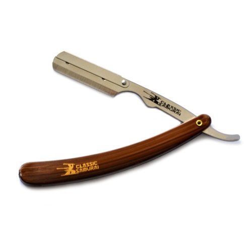 Classic Samurai Stainless Steel Professional Barber Folding Straight Edge Razor Shavette Men's Shaving Kit with 200 Count Lord Single Edge Razor Blades (Brown)