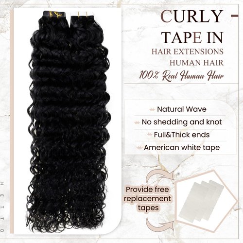 Hetto Black Curly Tape in Hair Extensions Human Hair 22 Inch Natural Wavy Tape in Human Hair Extensions Invisible Double Sided Tape in Extensions Real Human Hair 20Pcs 50g