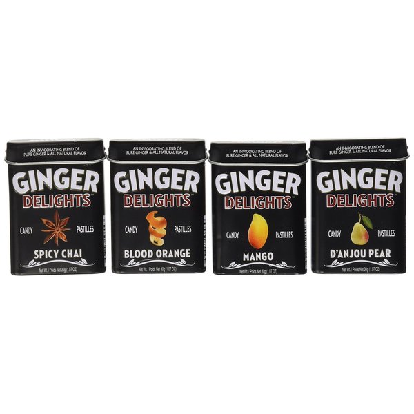 Big Sky Ginger Delights - Spiced Chai, Blood Orange, Mango, and D'Anjou Pear - Variety 4 Pack - Naturally Flavored Ginger Mints in Resealable Metal Tin
