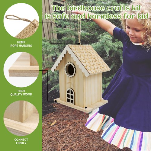 DIY Wooden Birdhouse Painting Kit for Kids, Bird House to Paint Set,Wood Arts and Crafts for Children,Ages 3-12 Build Your Own Bird Houses Set,Includes Paints & Brushes