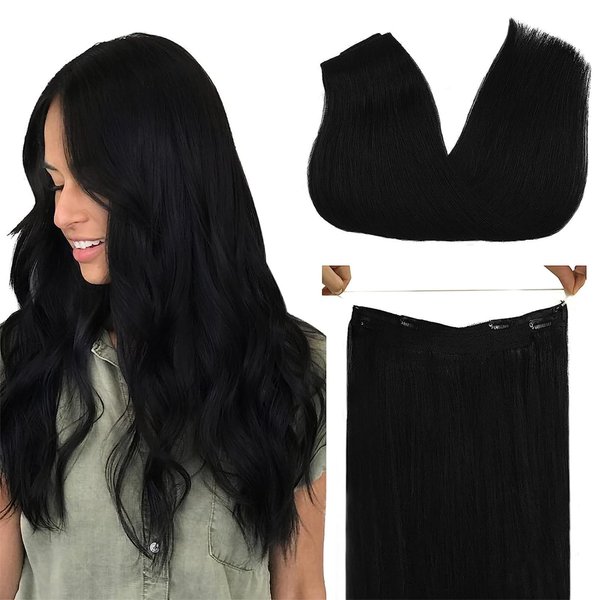 GOO GOO Wire Hair Extensions Real Human Hair, 16inch 95g Jet black, Invisible Wire Hair Extensions with Transparent, Seamless Fish Line Hairpiece, Straight Remy Hair Extensions