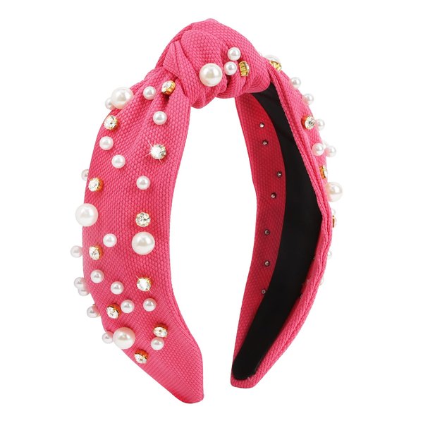 GAFATORY Pearl Headbands for Girls Hot Pink Headbands for Women Wide Knotted Headband for Women Beaded Rhinestone Headband Turban Hair Accessories