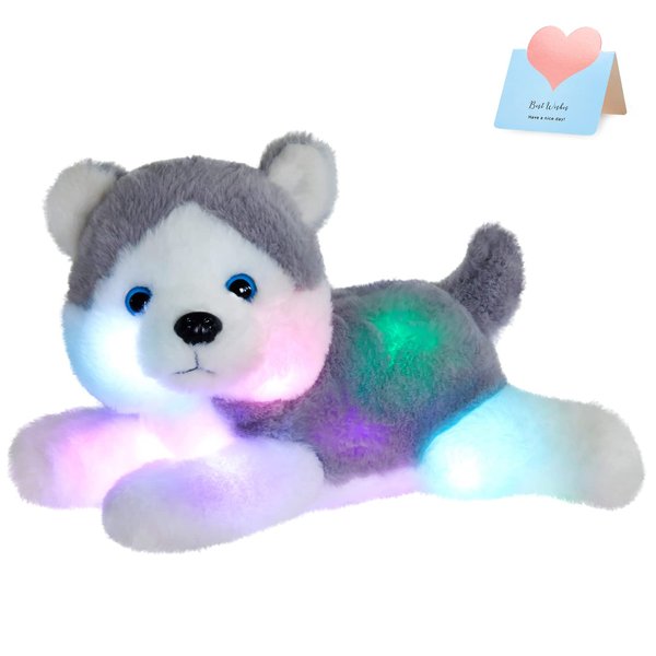 Houswbaby 13'' Light Up Husky Stuffed Animal Dog Soft Plush Night Light Puppy Toy Hugging Pillow Companion Holiday Birthday Gift for Kids Boys Girls Toddlers, Gray