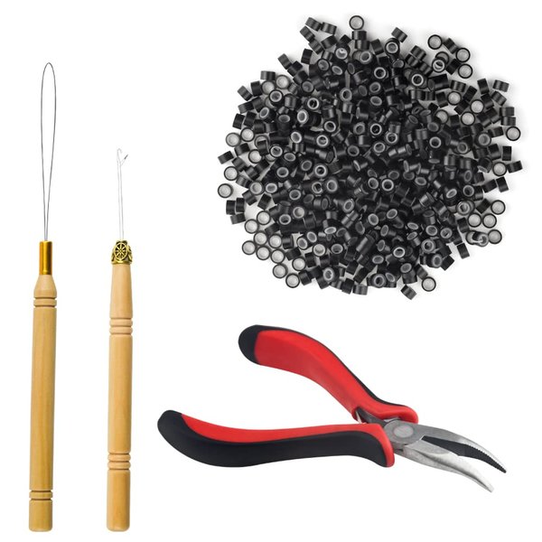 XINMEIWEN Hair Extension Kit Pulling Hook Bead Device Tool Kits and 500 Pieces Silicone Lined Micro Rings for Professional Hair Styling Tools Accessory (Black)