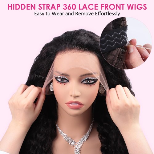 YMY Hidden Strap 360 Glueless Wigs Human Hair Pre Plucked Pre Cut Water Wave 180 Density HD Full Lace Front Wigs Human Hair With Drawstring 24 Inch Natural Hairline Frontal Wig For Women