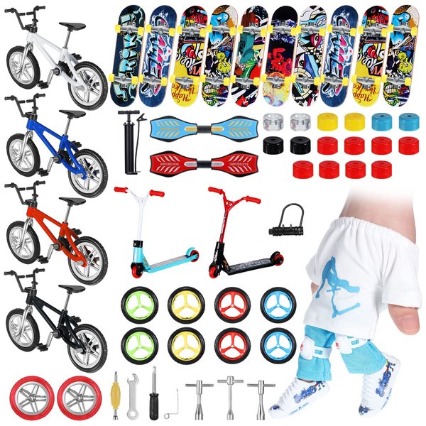 Charniol 57 Pcs Mini Finger Toy Set, Finger Skateboards, Finger Bikes, Finger Scooter, Finger Tops, Finger Pants, Finger Shoes, Finger Knee Pads, Mini Bike Wheels Tools for Christmas Party Gift