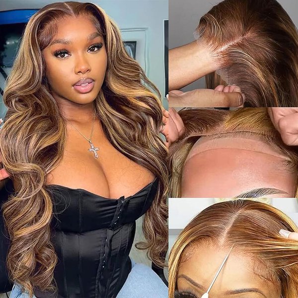 28 Inch Wear and Go Glueless Wigs Human Hair Pre Plucked Pre Cut For Beginners Highlight Ombre Body Wave Lace Front Wig Human Hair 180% Density P4/27 5x5 HD Transparent Lace Frontal Wigs for Women