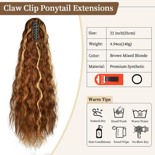 quesdom Claw Clip Wavy Ponytail Extension, 22 Inch Long Curly Wavy Ponytails Heat Resistant Synthetic Hairpiece, Natural Soft Jaw Claw Pony Tails for Black Women (Brown Mixed Blonde)