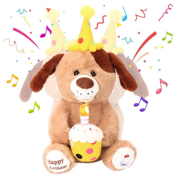 Hopearl Adorable Happy Birthday Dog with Glowing Cupcake Musical Stuffed Animal Puppy Singing and Shaking Plush Toy Interactive Animated Kids Gifts, Brown, 15''