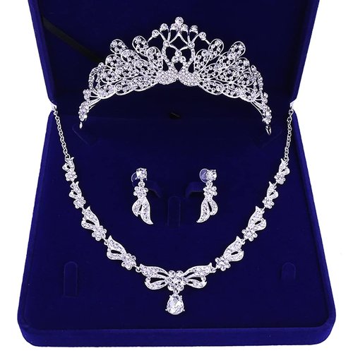 Cathercing Bridal Rhinestone Crown Tiara Crystal Necklace Earrings Set for Wedding Dress Shining Headband Hair Accessories Jewelry for Wedding Pageant Prom Princess Queen Theme Party (Peacock)