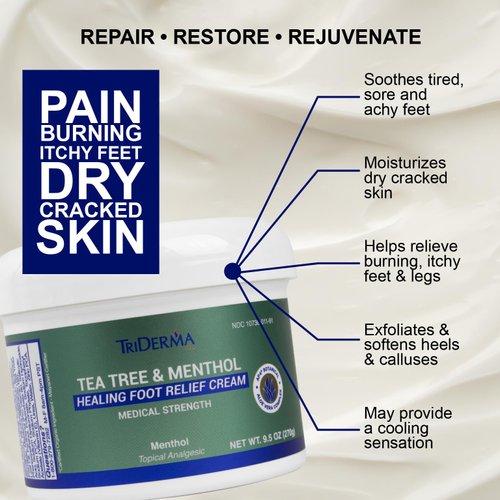 TriDerma Tea Tree Foot Cream with Menthol, Aloe Vera, Exfoliating Salicylic Acid & Shea Butter to Relieve Dry, Cracked Feet, Itching, Tingling & Foot Pain, Non-greasy 9.5 oz