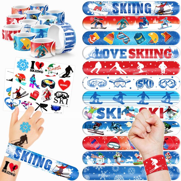 Cherisnowy 48 Skiing 24PCS Skiing Temporary Tattoos Sticker 24PCS Slap Bracelets Perfect for Themed Birthday Party Favors Baby Showers or Classroom Rewards Ideal Decor and Gifts for Girls and Boys